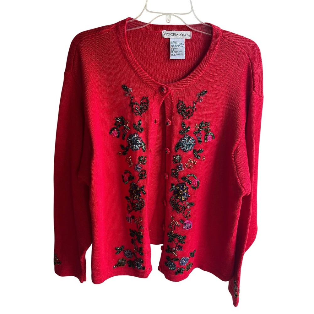 Victoria Jones 90's Women's Red Floral Beaded Button Down Ramie Cardigan Large